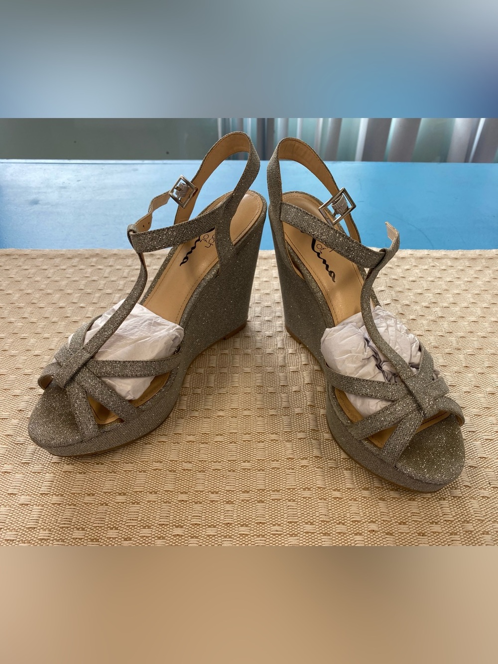 Touch of Nina Silver Glitter T-Strap Wedge Sandals